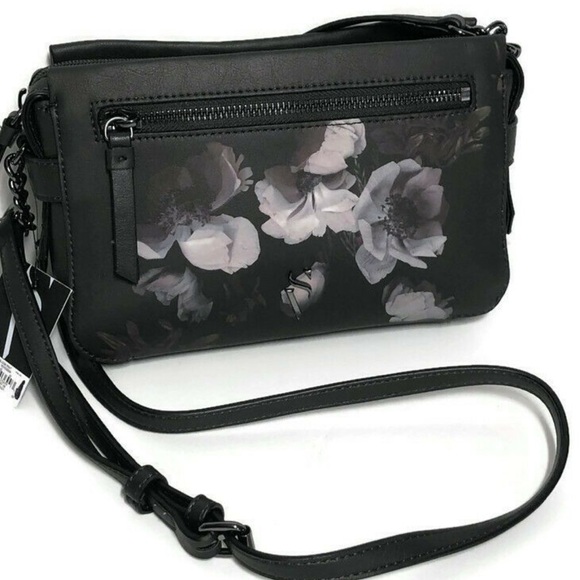 Simply Vera Vera Wang Crossbody Bag Black Floral Print Faux Leather Purse - Picture 3 of 11